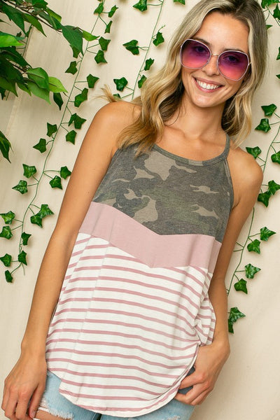 PLUS STRIPE CAMO MIX HALTER TOP