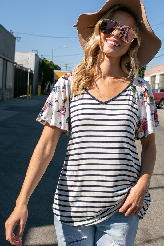 FLORAL STRIPE MIXED TOP