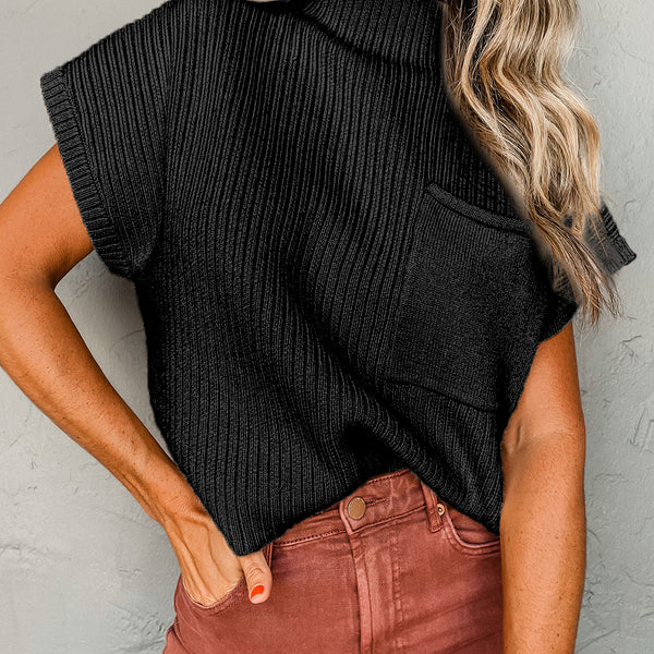 Black Patch Pocket Ribbed Knit Short Sleeve Sweater