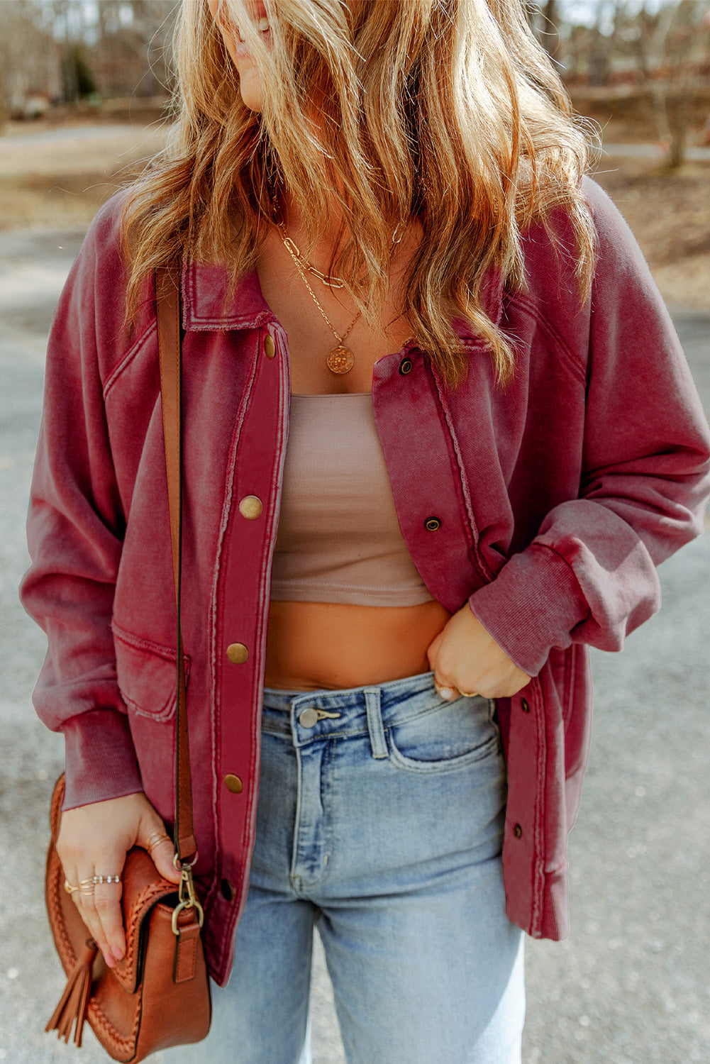 Red Vintage Washed Flap Pocket Button Shacket