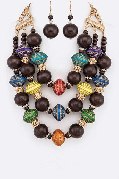 Mix Layer Wooden Bead Statement Necklace Set