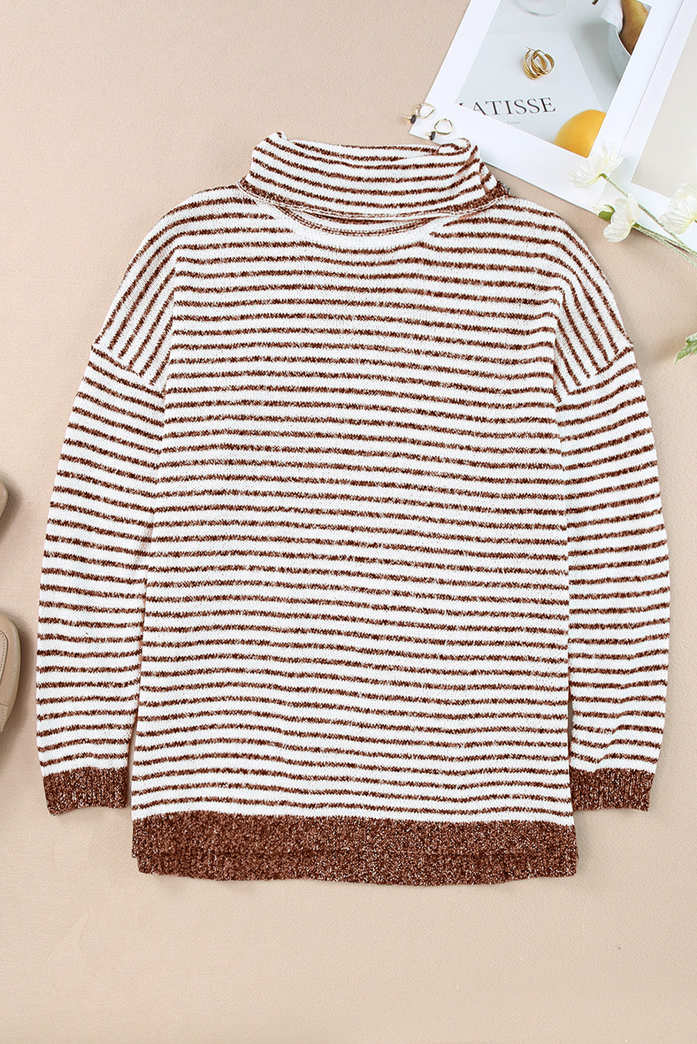 Brown Striped Turtleneck Loose Sweater