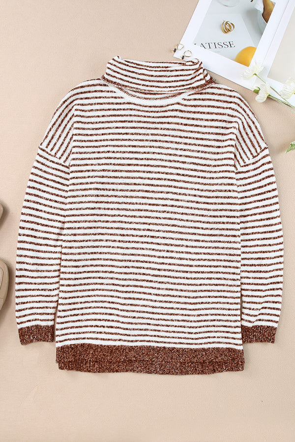 Brown Striped Turtleneck Loose Sweater