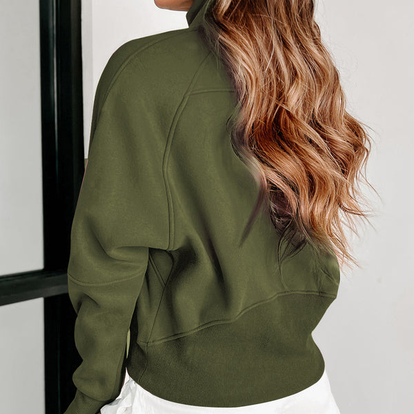 Green Zip Up Stand Collar Ribbed Thumbhole Sleeve Sweatshirt