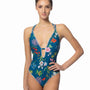 BLUE FLORAL ONE PIECE SWIMSUIT W/STITCHING DETAILS