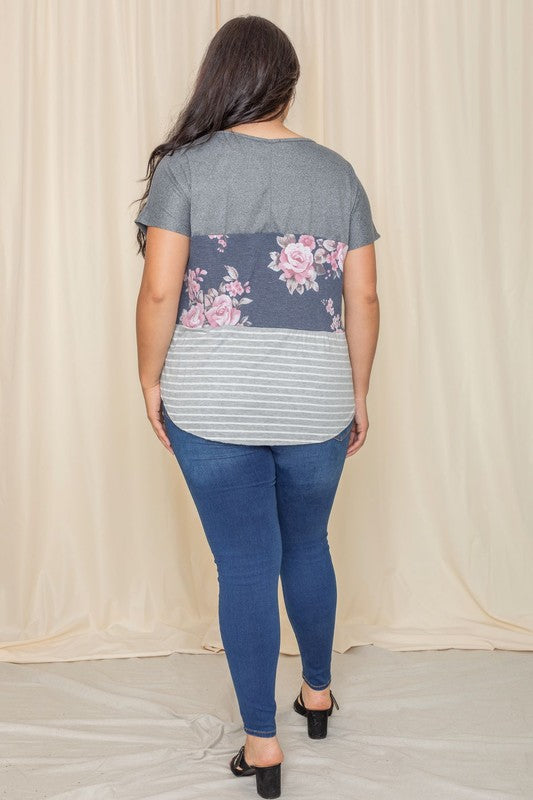 Plus Floral Color Block Top