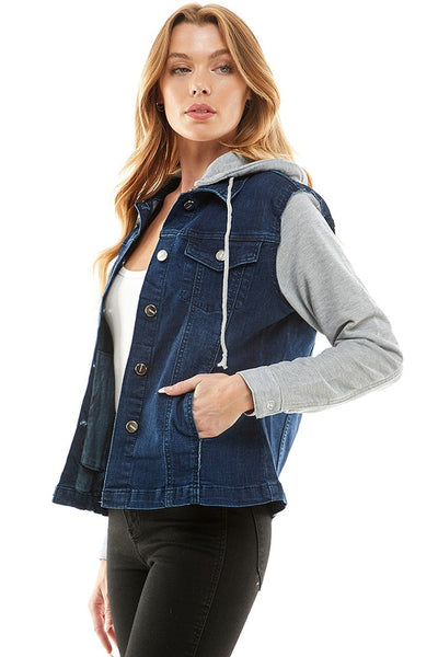 Spendex Ladies Denim Jacket with  Fleece Hoodie - Crazy Like a Daisy Boutique #