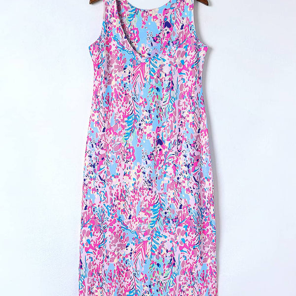 Purple Abstract Floral Print Sleeveless Maxi Dress