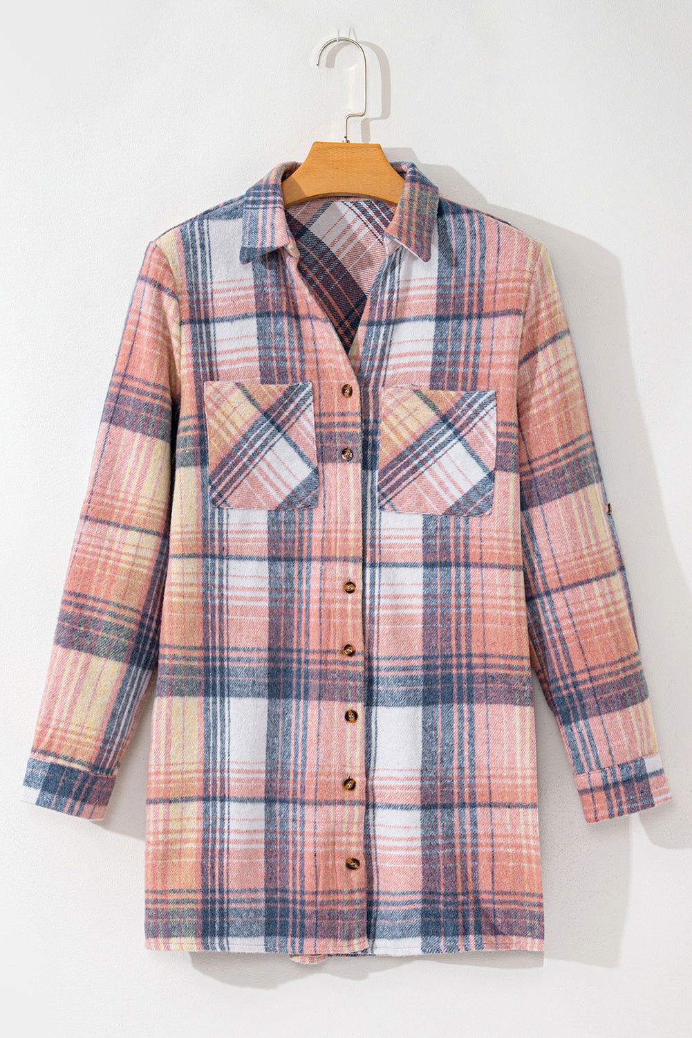 Pink Plaid Roll-tab Sleeve Side Slit Shirt Dress