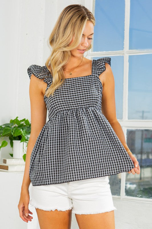 Ruffle Sleeve Tie Back Gingham Top - Crazy Like a Daisy Boutique #