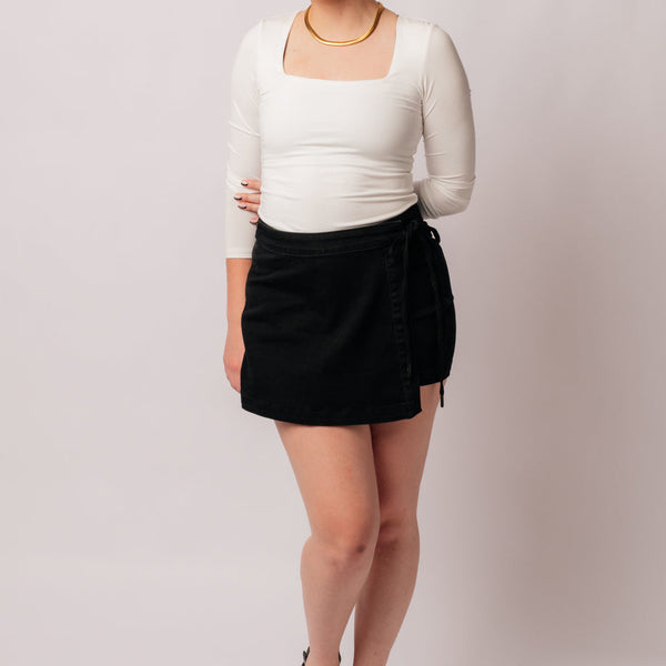 Bentli High Rise Side Tie Denim Skort in Black