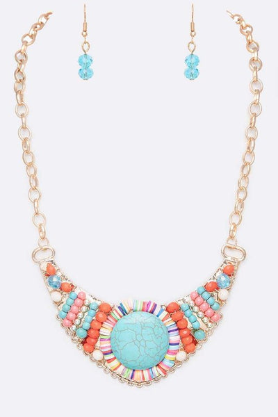 Turquoise Beaded Bib Necklace Set