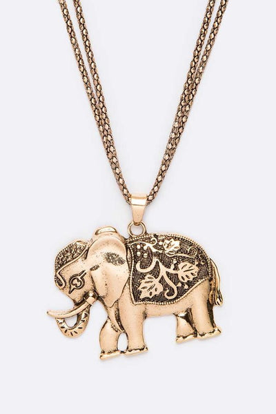 Engraved Elephant Pendant Long Necklace