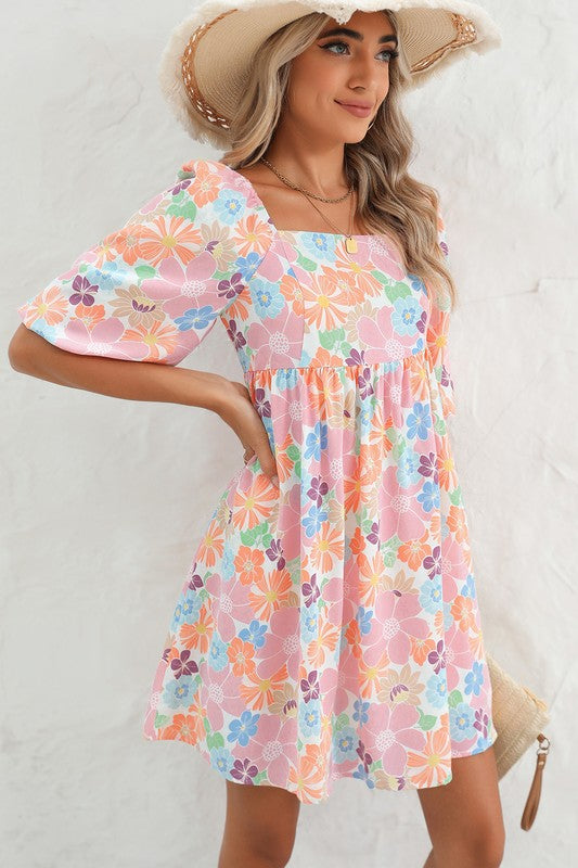 Square neck bubble puff sleeve floral coral dress