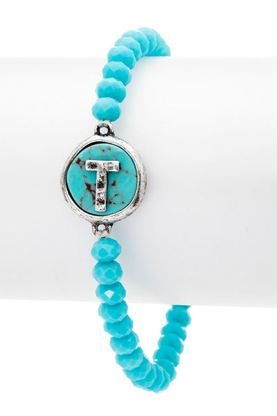 Initial T Turquoise Charm Stretch Bracelet