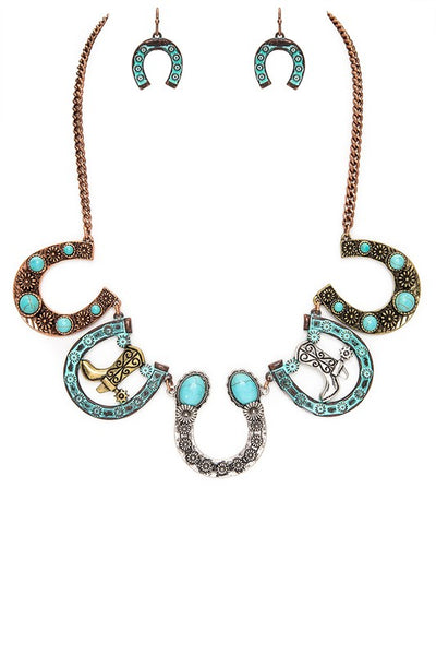 Cowboy Boots Horse Shoe Statement Necklace Set