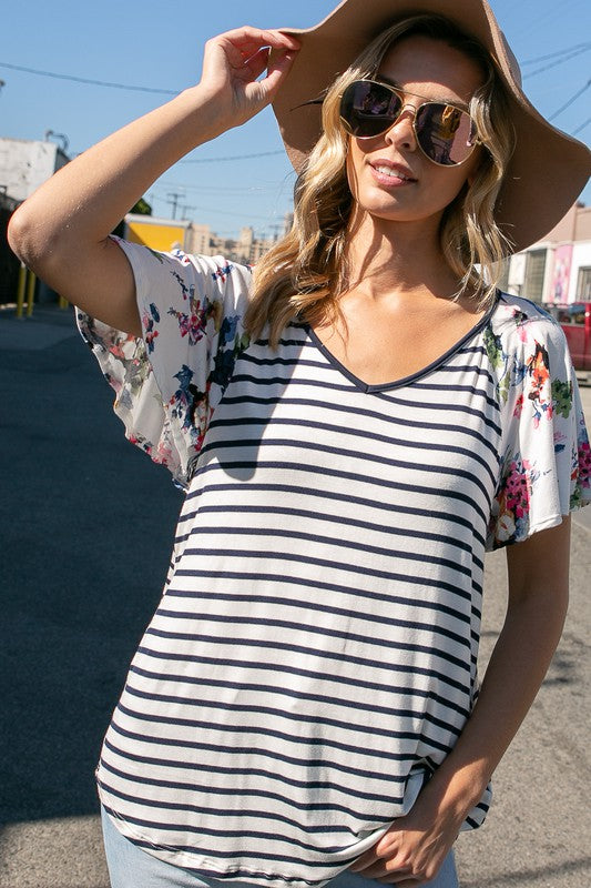 FLORAL STRIPE MIXED TOP