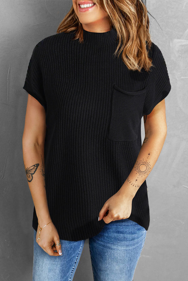 Oatmeal Patch Pocket Ribbed Knit Short Sleeve Sweater