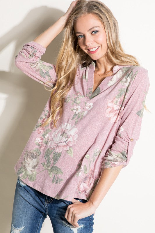 FLORAL SPLIT NK ROLL TAP SL TOP