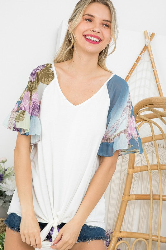 FLORAL CHIFFON MIX BELL SLEEVE TOP