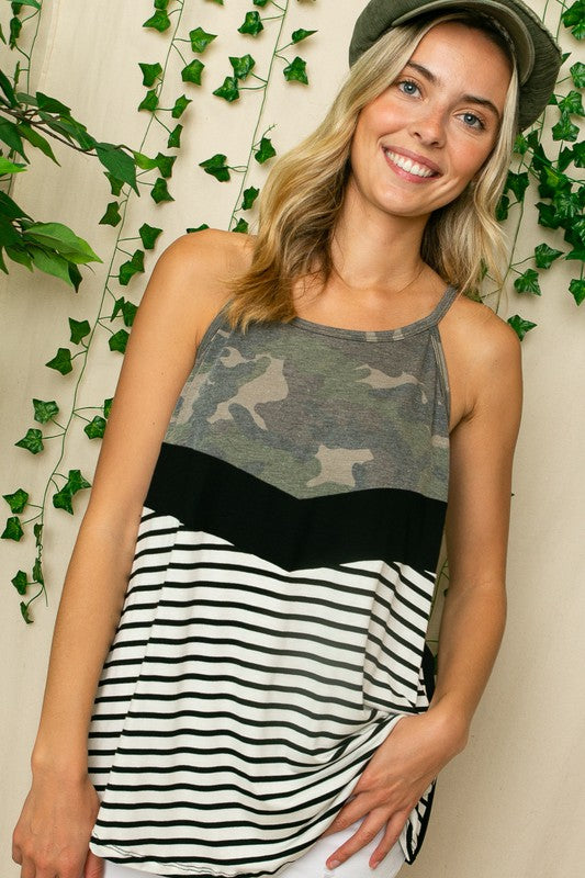 PLUS STRIPE CAMO MIX HALTER TOP