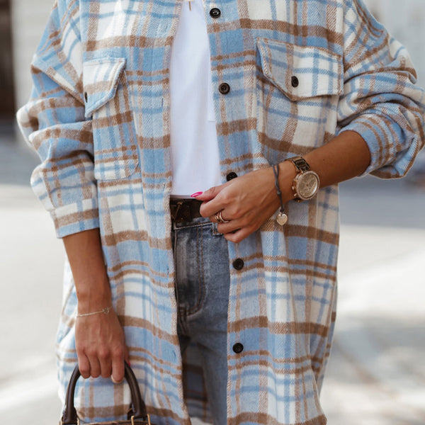 Sky Blue Plaid Flap Pocket Long Sleeve Shacket