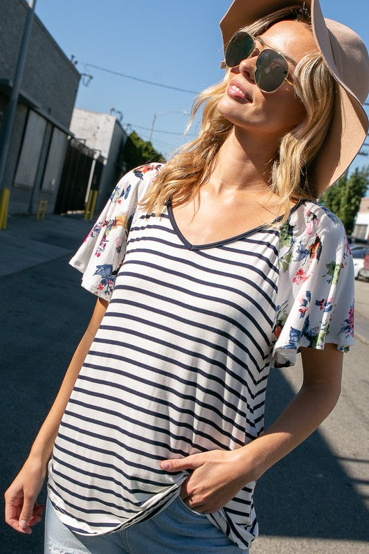 FLORAL STRIPE MIXED TOP