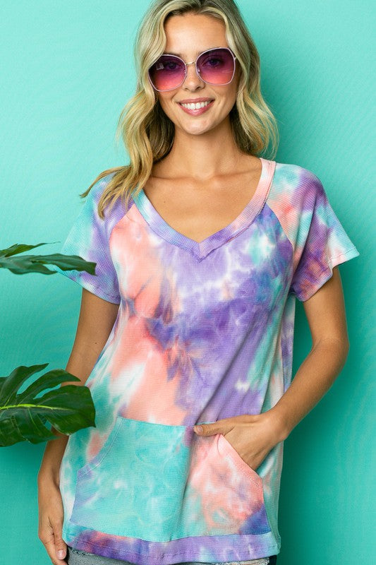 PLUS TIE DYE THERMAL V NECK TOP