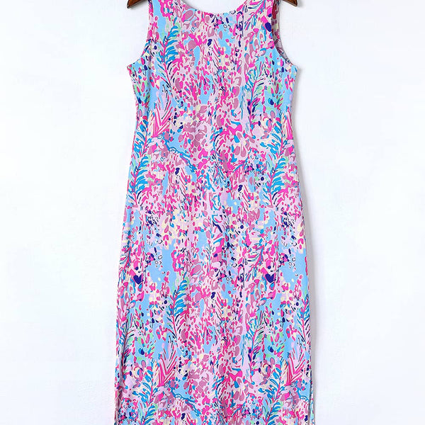 Purple Abstract Floral Print Sleeveless Maxi Dress