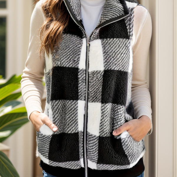 Pocketed Plaid Zip Up Vest Coat