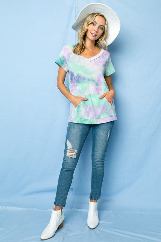 PLUS TIE DYE THERMAL V NECK TOP