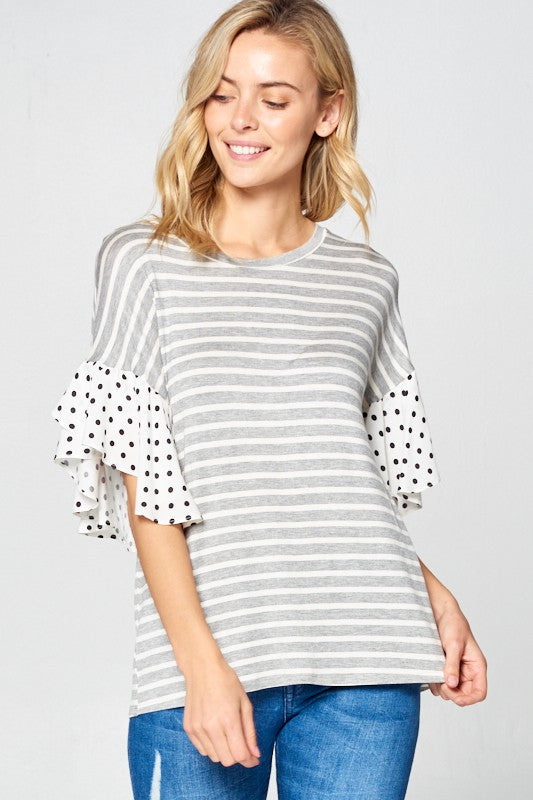 PLUS POLKA DOT RUFFLE SLEEVE TOP