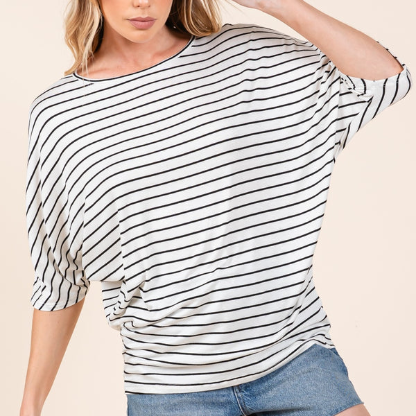 BOMBOM Striped Boat Neck Dolman Sleeve Top