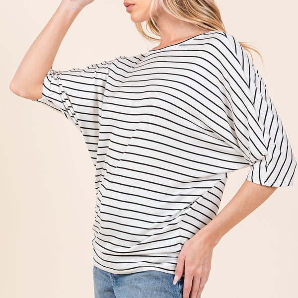 BOMBOM Striped Boat Neck Dolman Sleeve Top