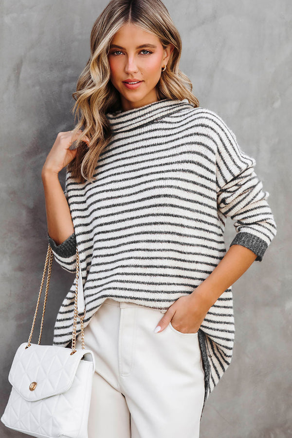 Brown Striped Turtleneck Loose Sweater