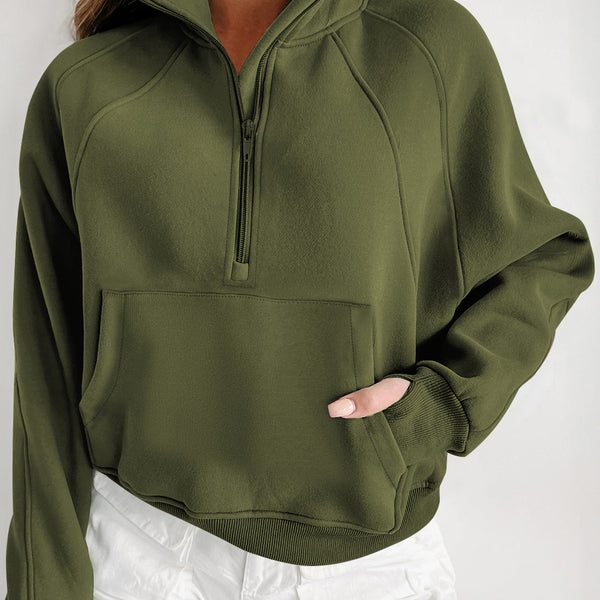 Green Zip Up Stand Collar Ribbed Thumbhole Sleeve Sweatshirt