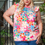 Multicolor Plus Size Floral Embroidered Flutter Sleeve Tank Top