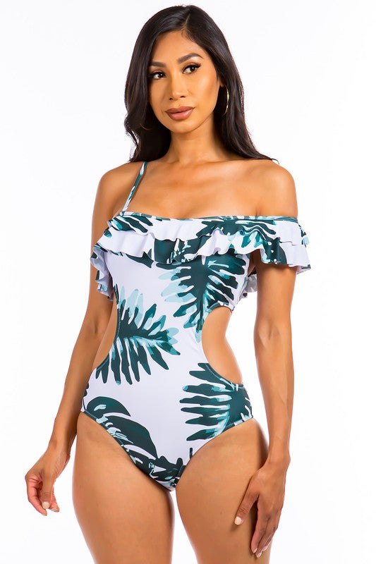 OPEN SIDED ONE PIECE BATHING SUIT WITH RUFFLED SHO - Crazy Like a Daisy Boutique #