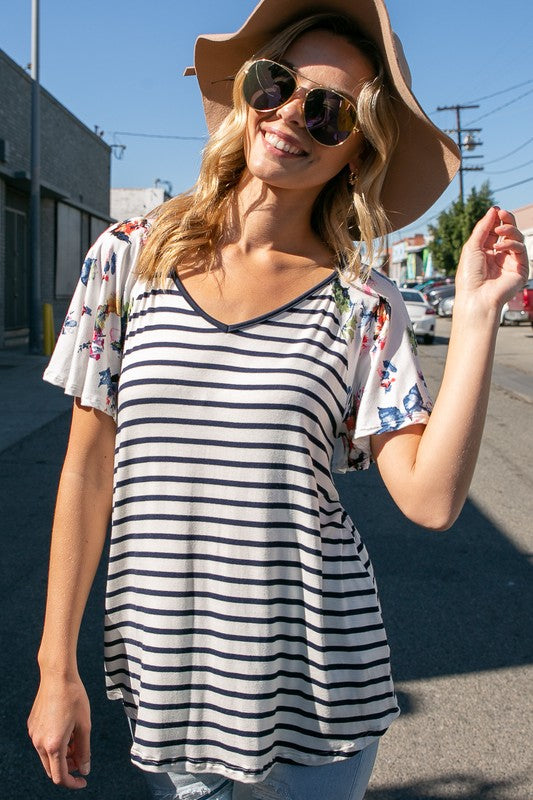 FLORAL STRIPE MIXED TOP