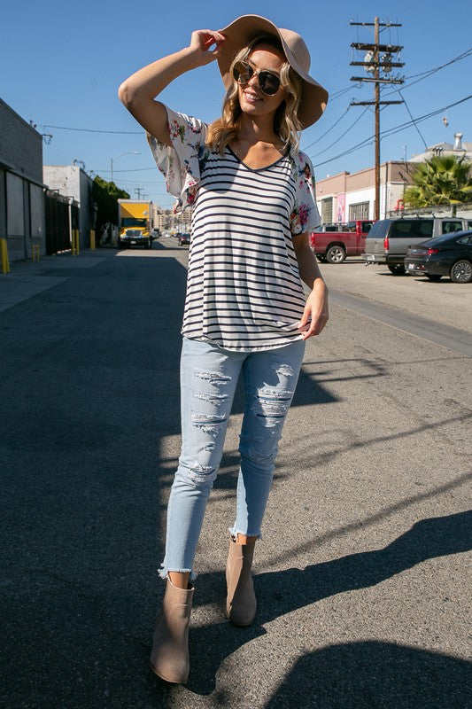 FLORAL STRIPE MIXED TOP