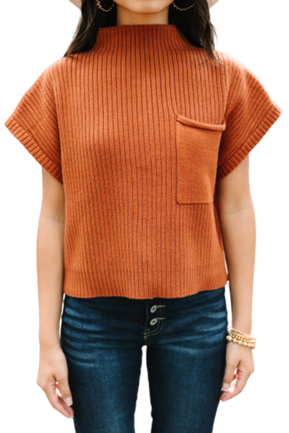 Oatmeal Patch Pocket Ribbed Knit Short Sleeve Sweater