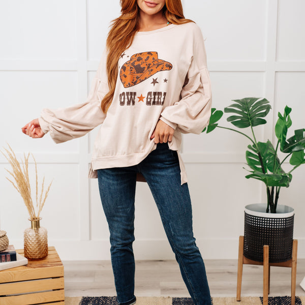 Cow Girl Graphic Pullover in Stone