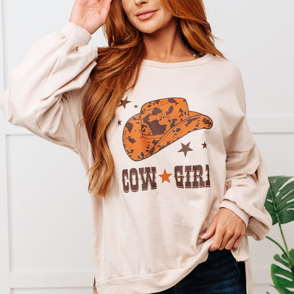 Cow Girl Graphic Pullover in Stone