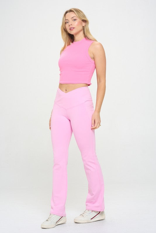 Women Crossover Flare Legging High Waisted Pockets