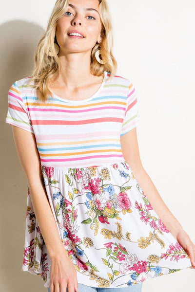 MULTI STRIPE FLORAL PRINT MIXED TOP