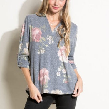 FLORAL SPLIT NK ROLL TAP SL TOP