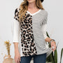 Celeste Full Size Front Leopard and Striped Print V-Neck T-Shirt