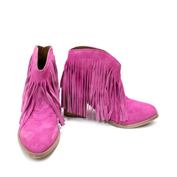 Amos Fringe Ankle Bootie in Magenta Suede