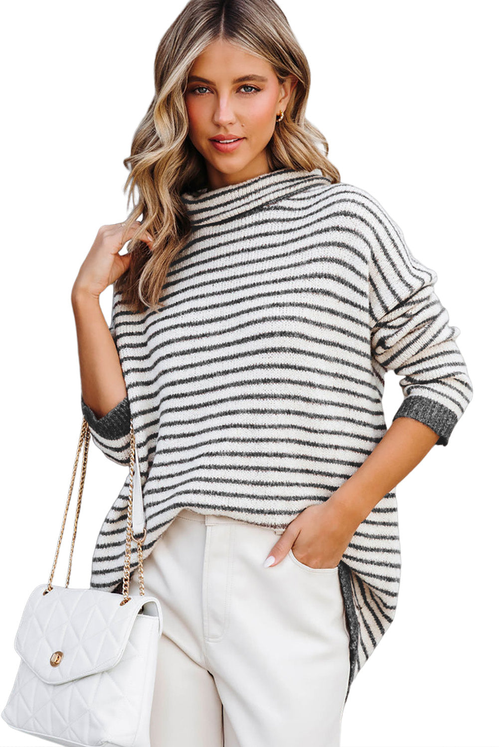 Brown Striped Turtleneck Loose Sweater