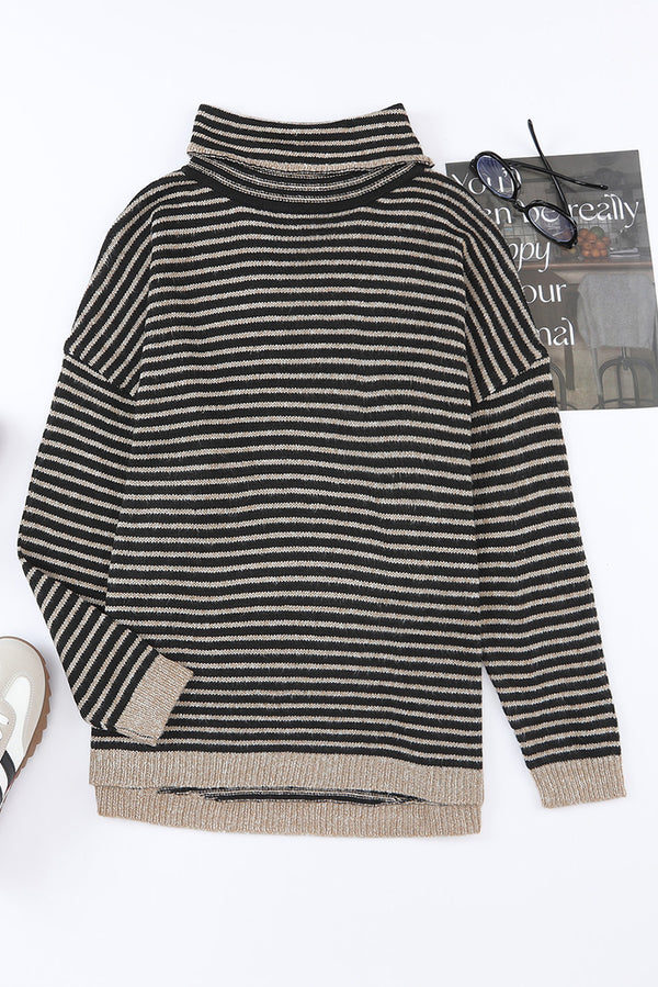 Brown Striped Turtleneck Loose Sweater